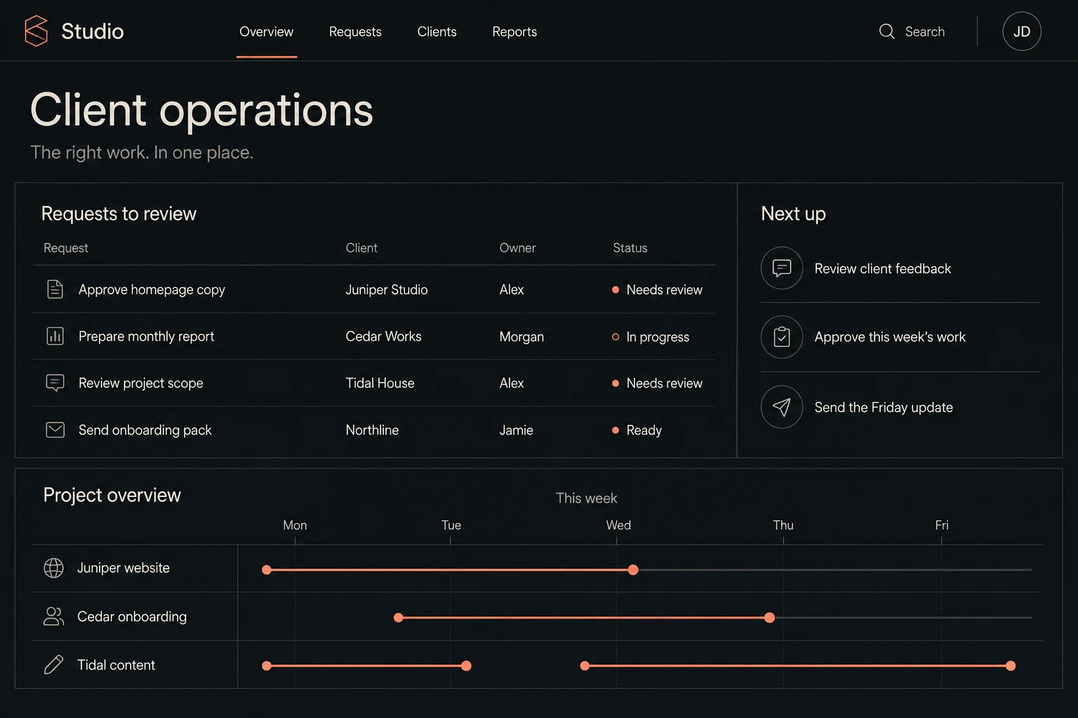 Illustrative client operations app combining requests, reviews, and project timelines in one workspace.