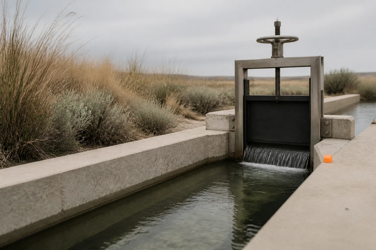 A water gate directing a stream through a quiet landscape.