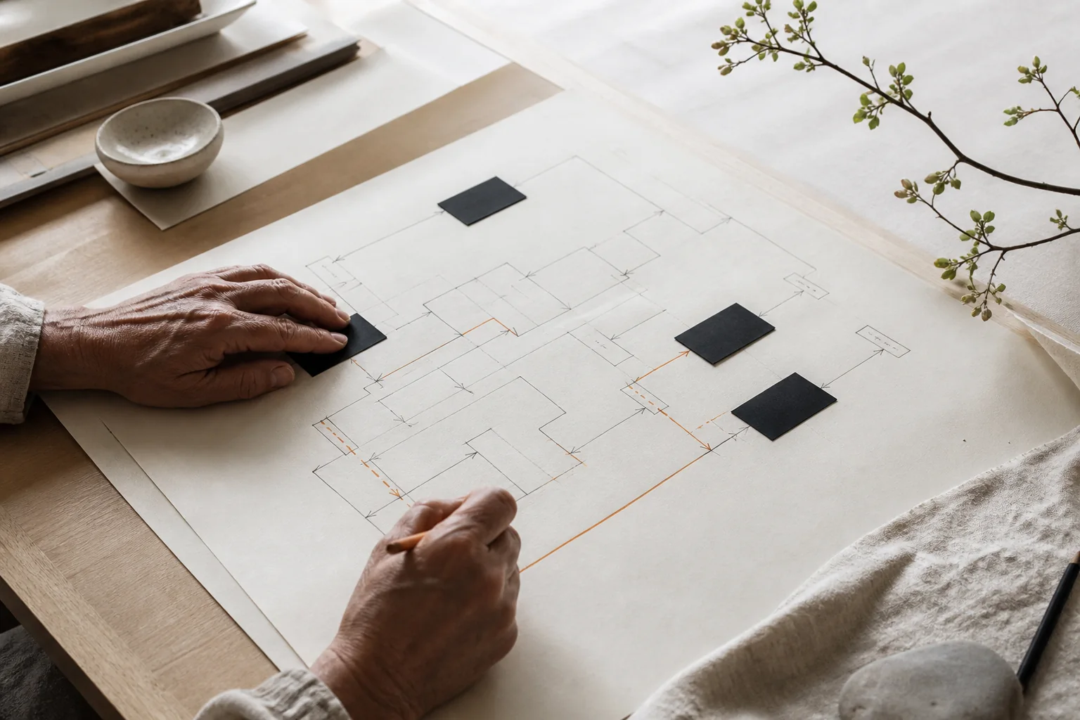 An illustrated workspace with product plans and workflow diagrams spread across a table.
